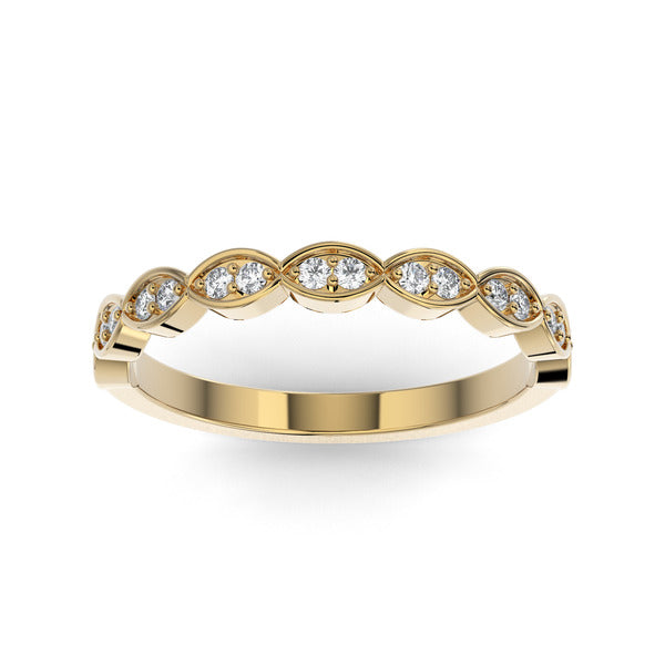 Gold wedding band with diamond accent on a white background.