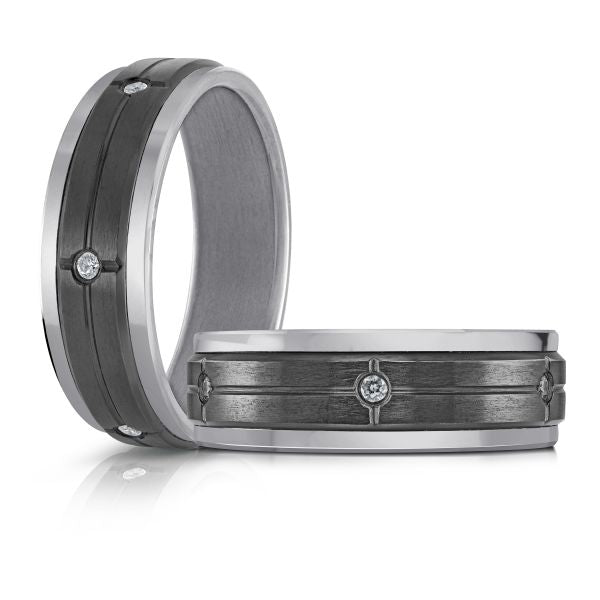 Titanium wedding band with a black carbon fiber inlay and diamond accents on a white background.