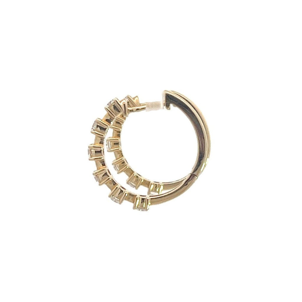 Yellow gold hoop earrings with five diamond accents on a white background.