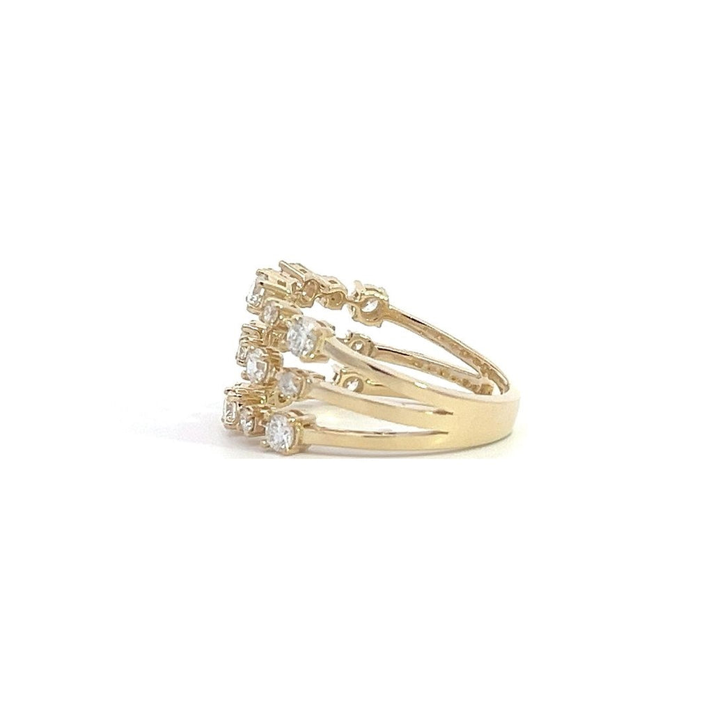 Yellow gold ring with three rows of diamonds, on a white background.