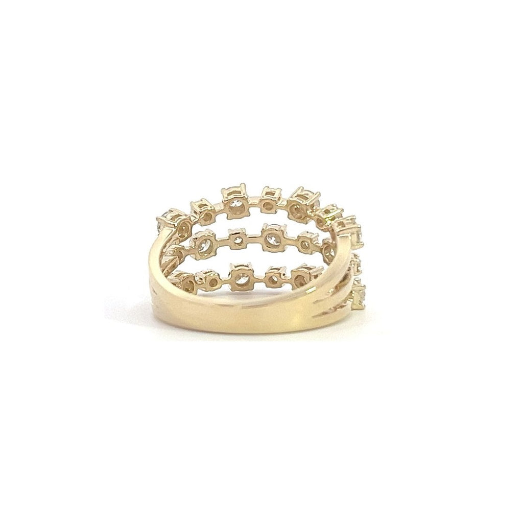 Yellow gold ring with three rows of diamonds, on a white background.