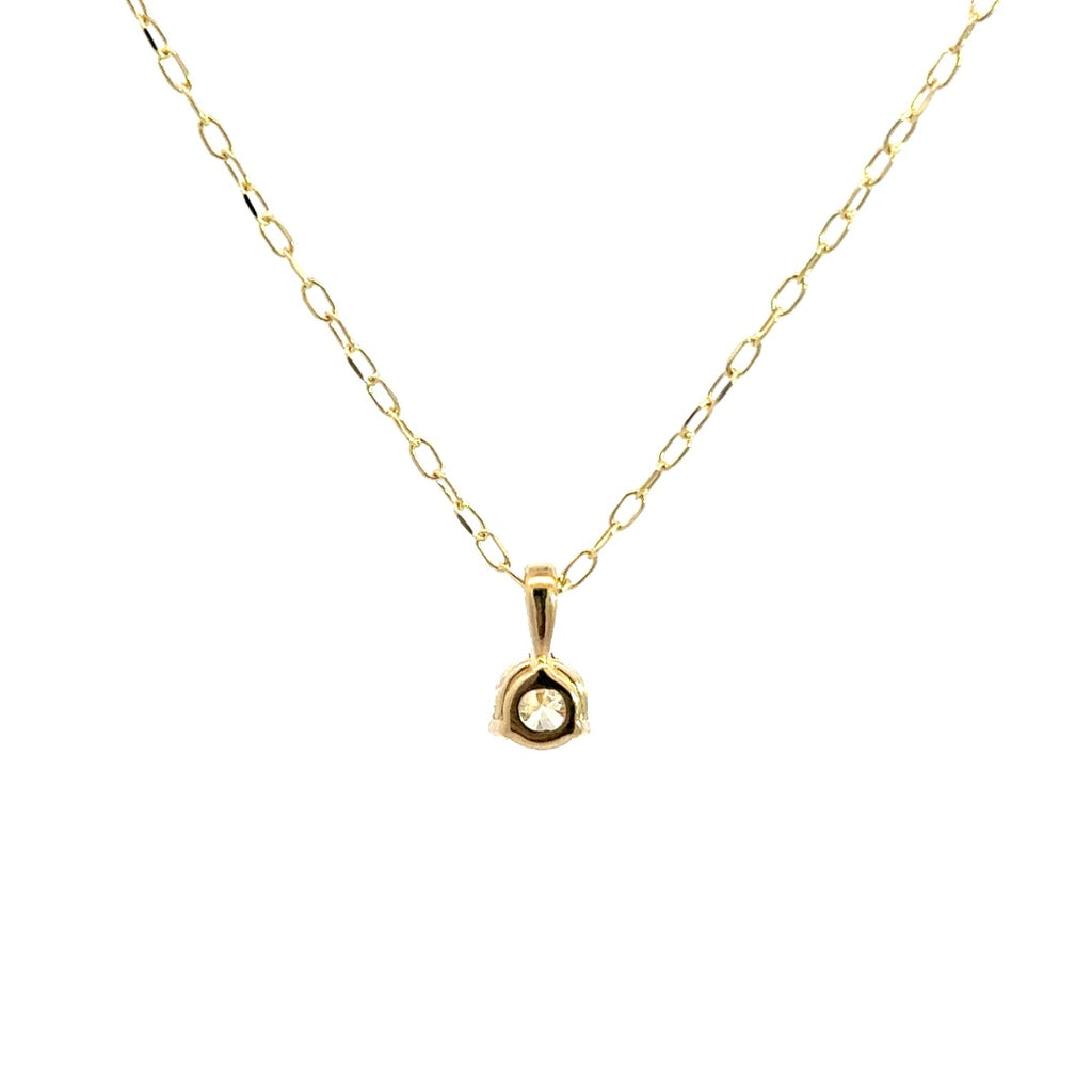 Yellow gold diamond necklace on a white background.