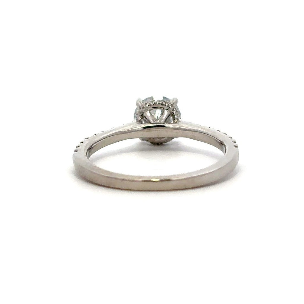 White gold diamond engagement ring with a halo setting and a diamond band on a white background.