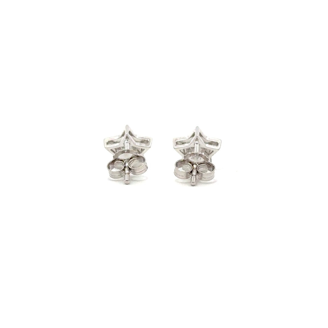 Silver diamond stud earrings on a white background.