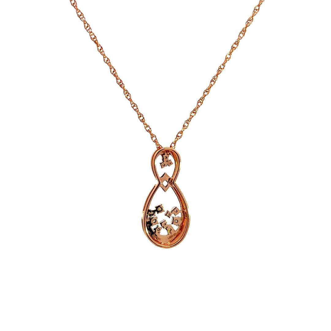 Rose gold infinity necklace with diamonds on a white background