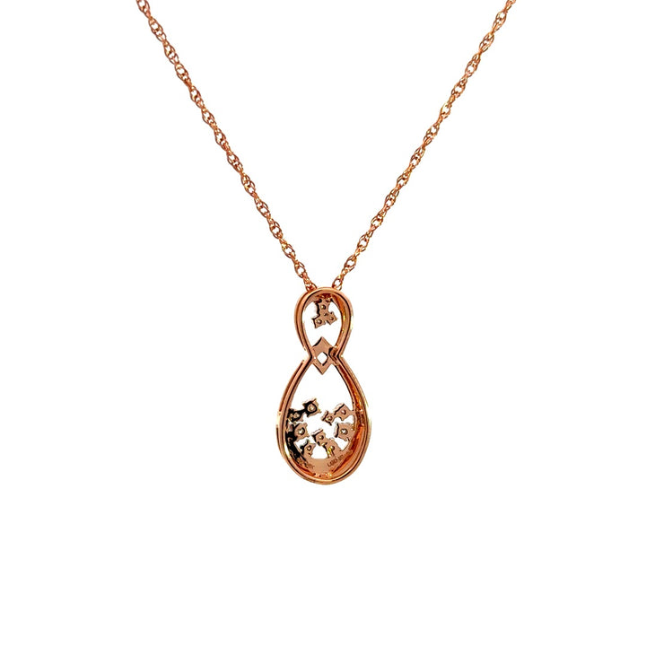 Rose gold infinity necklace with diamonds on a white background