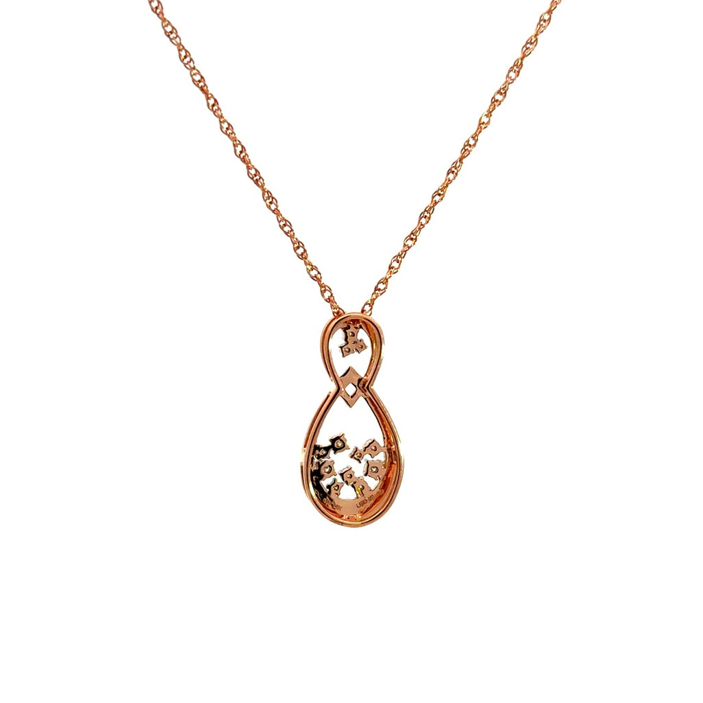 Rose gold infinity necklace with diamonds on a white background