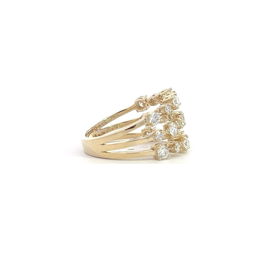 Yellow gold ring with three rows of diamonds, on a white background.