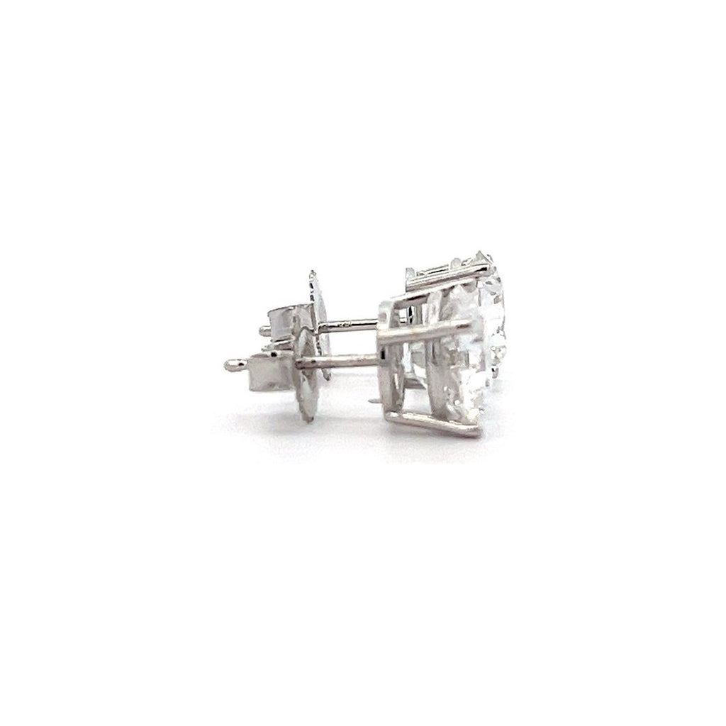 White gold stud earrings with round diamonds on a white background.