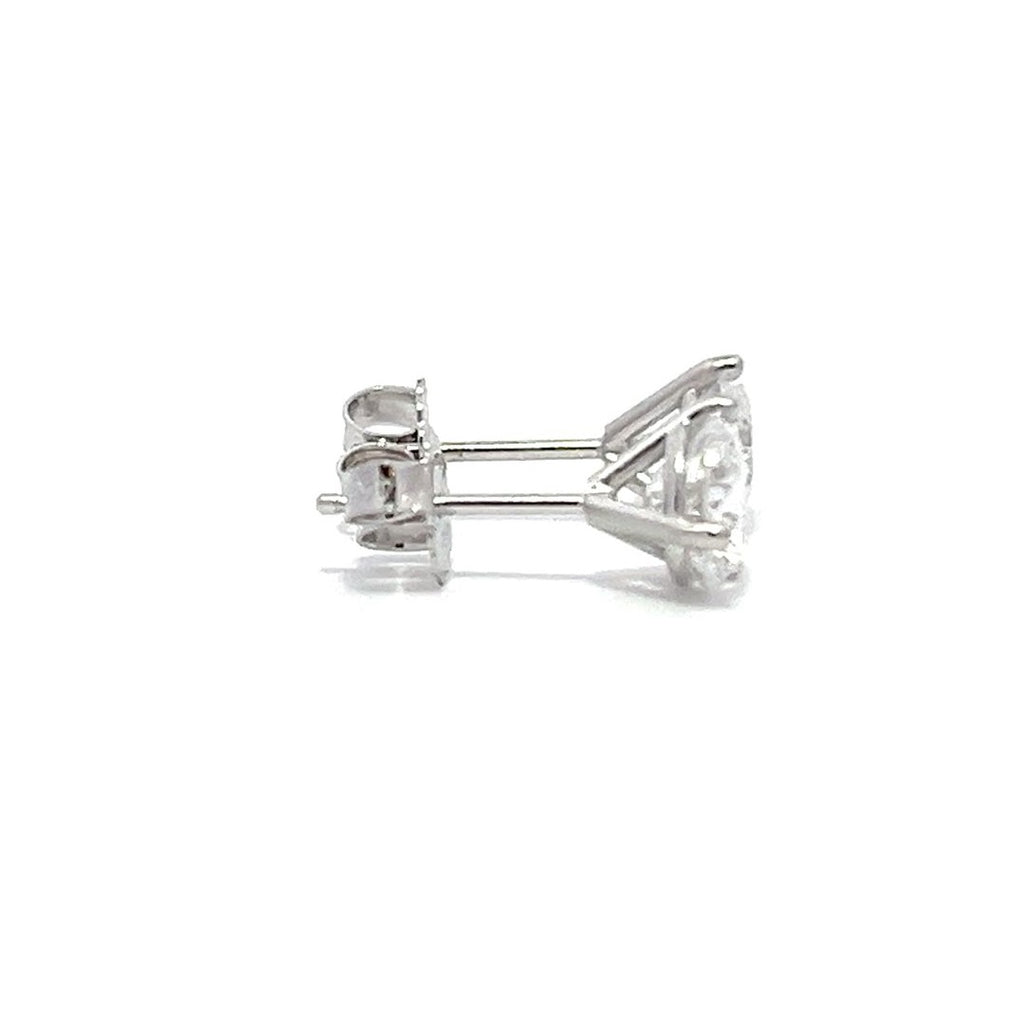 White gold stud earrings with round diamonds on a white background.