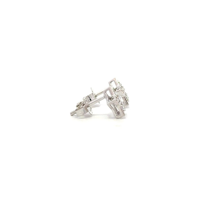 Silver diamond stud earrings on a white background.