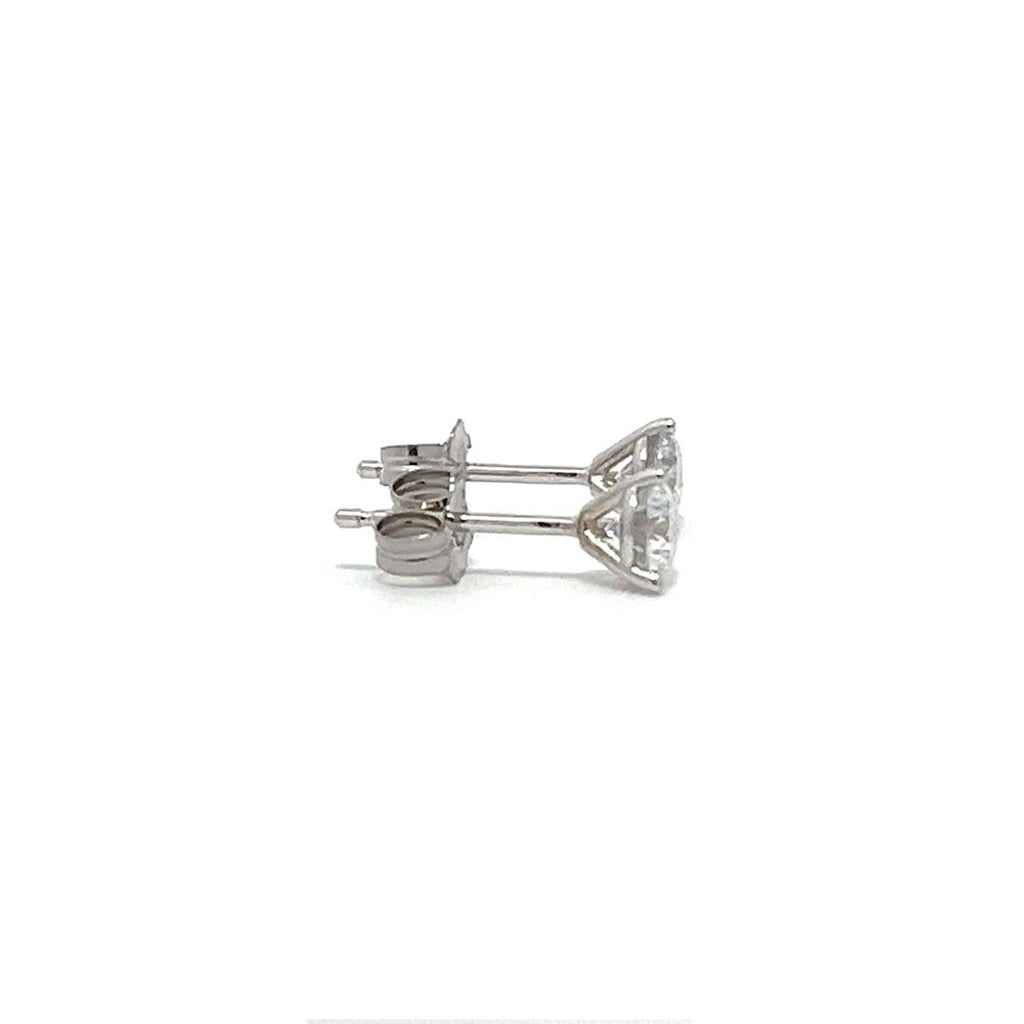 Pair of white gold stud earrings with a triangular setting of diamonds on a white background.