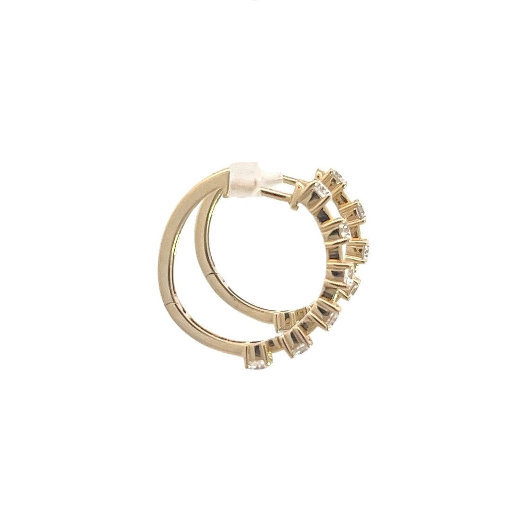 Yellow gold hoop earrings with five diamond accents on a white background.