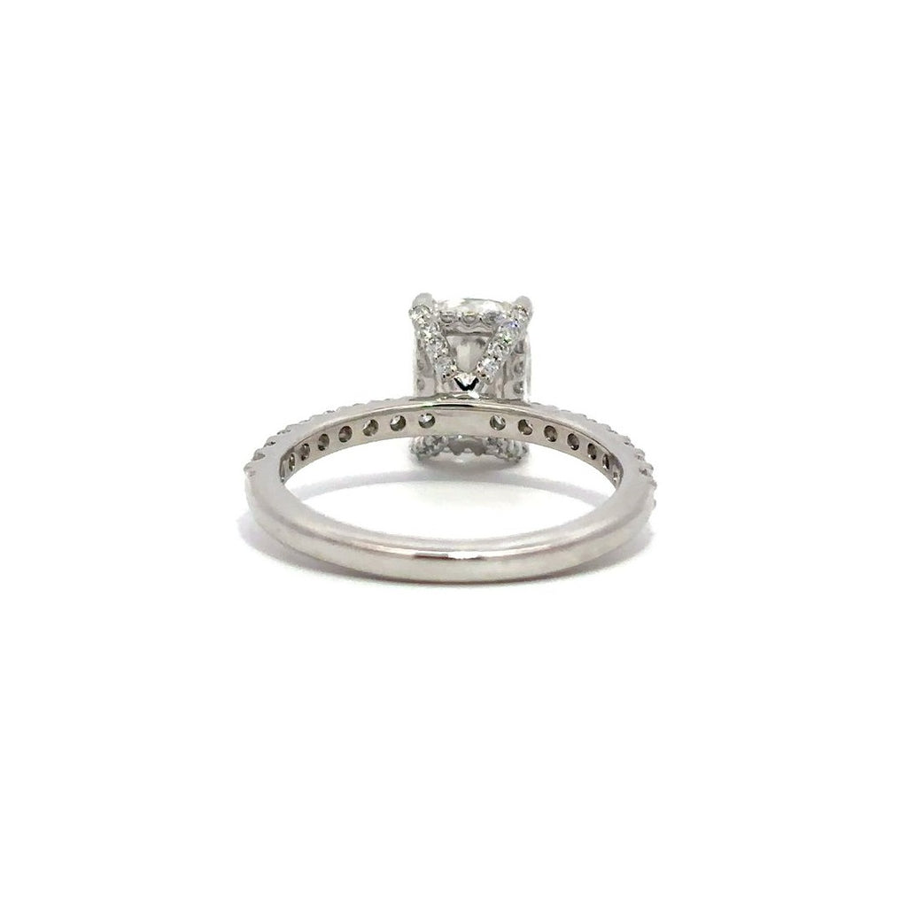 White gold engagement ring with diamond center stone and a diamond-studded band, on a white background.