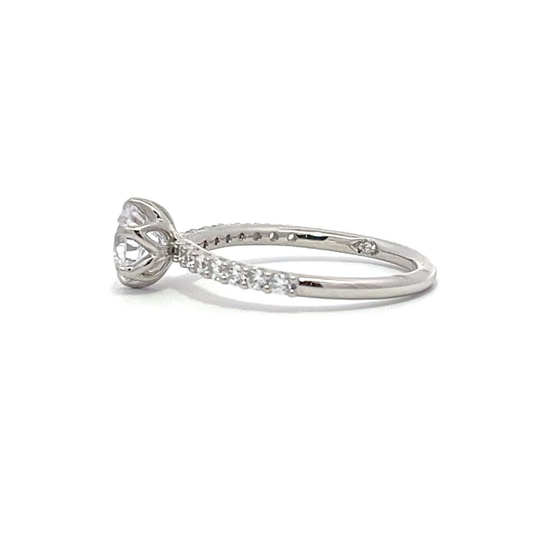 White gold round-shaped diamond engagement ring with a diamond band on a white background.