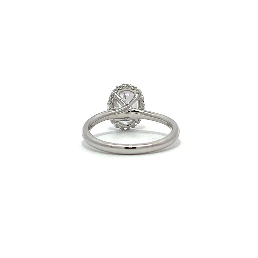 White gold diamond engagement ring with a double halo setting on a white background.