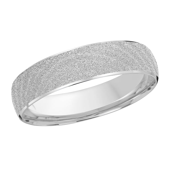 Silver wedding band on a white background.