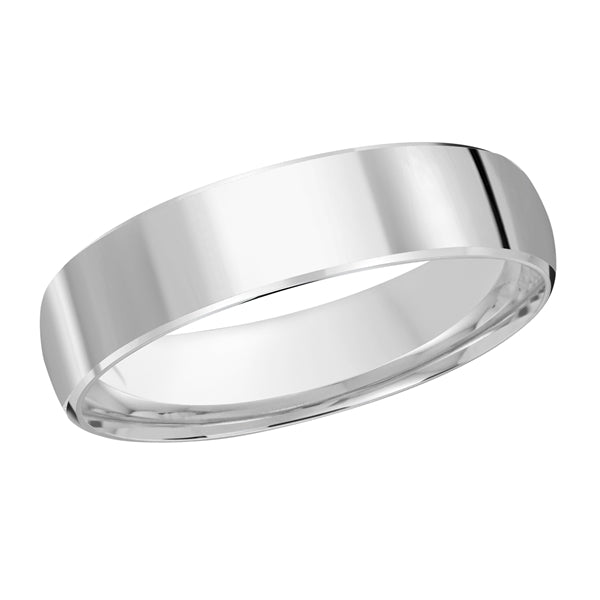 Silver wedding band on a white background.