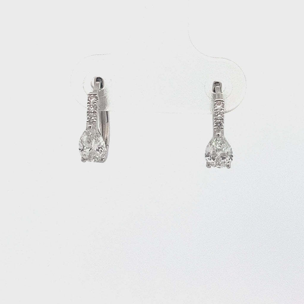 SIlver hoop earrings with round diamonds on a white background.