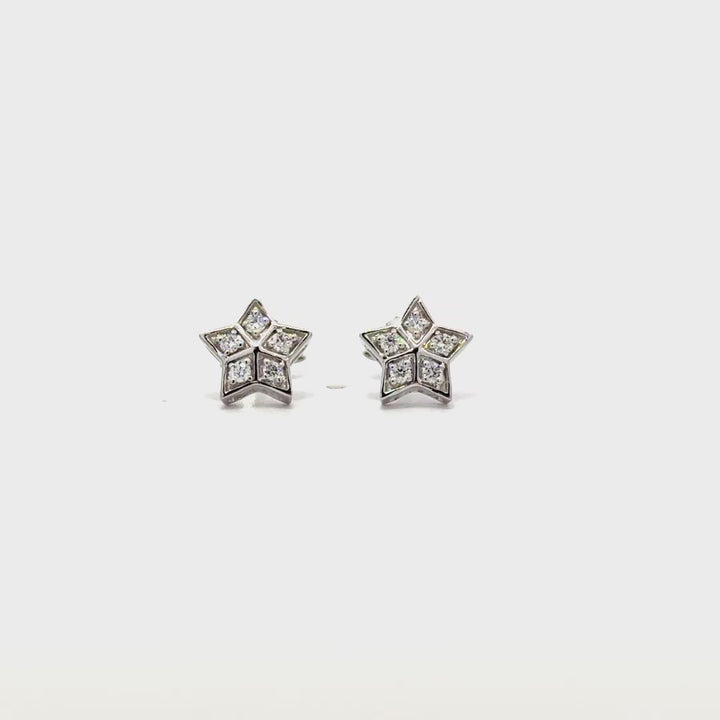 Silver diamond stud earrings on a white background.