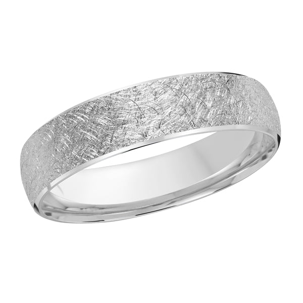 Silver wedding band on a white background.